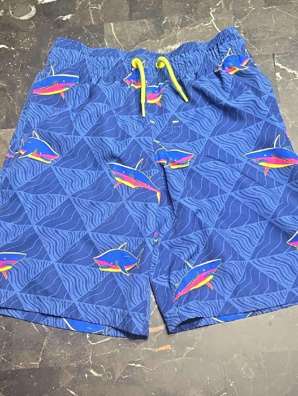 wonder nation Blue Shark Print Boys Swim Trunks with Neon Yellow Drawstring